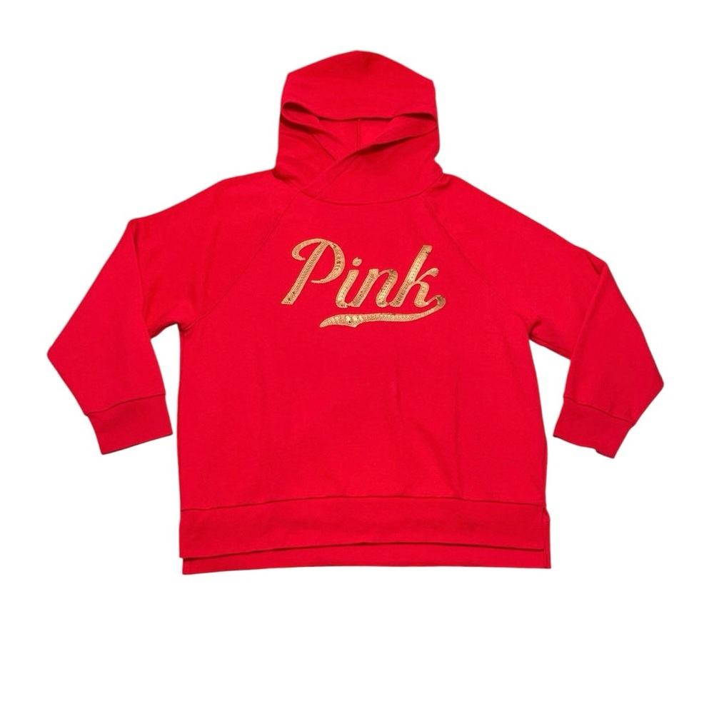 PINK Victoria's Secret Red Pullover Hoodie Oversized Gold Sequin Logo Women’s L